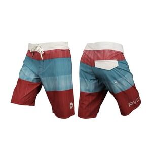 RVCA Board Shorts Mens 34 White/Red Blue Striped Drawstring Flat‎ Front